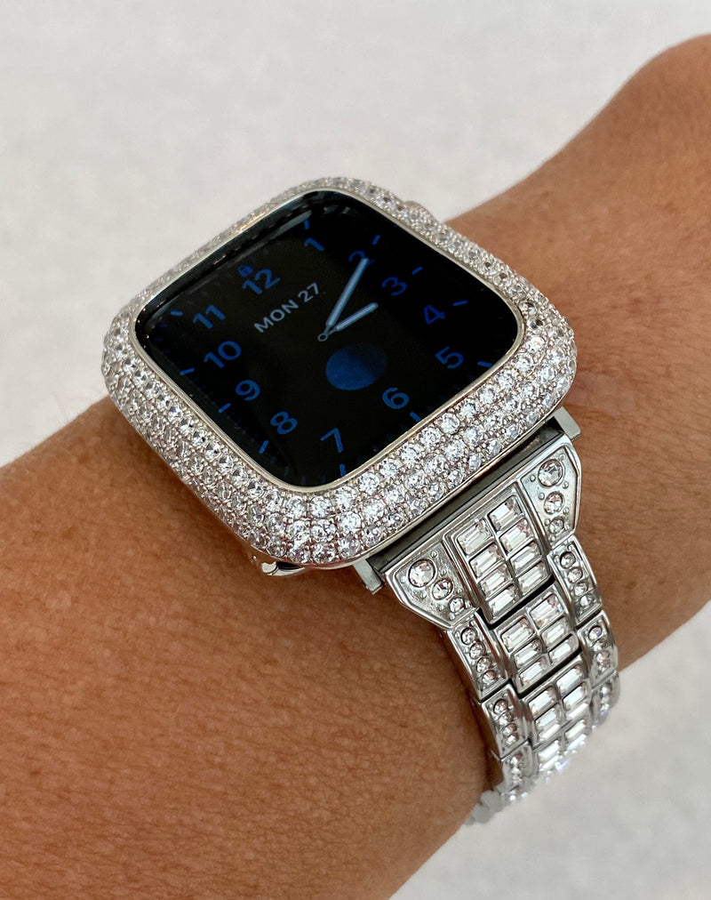 Silver Apple Watch Band 41mm 45mm 38mm 40mm 42mm 44mm Swarovski Crystals & or White Gold Pave Lab Diamond Bezel Case Cover Series 7-8