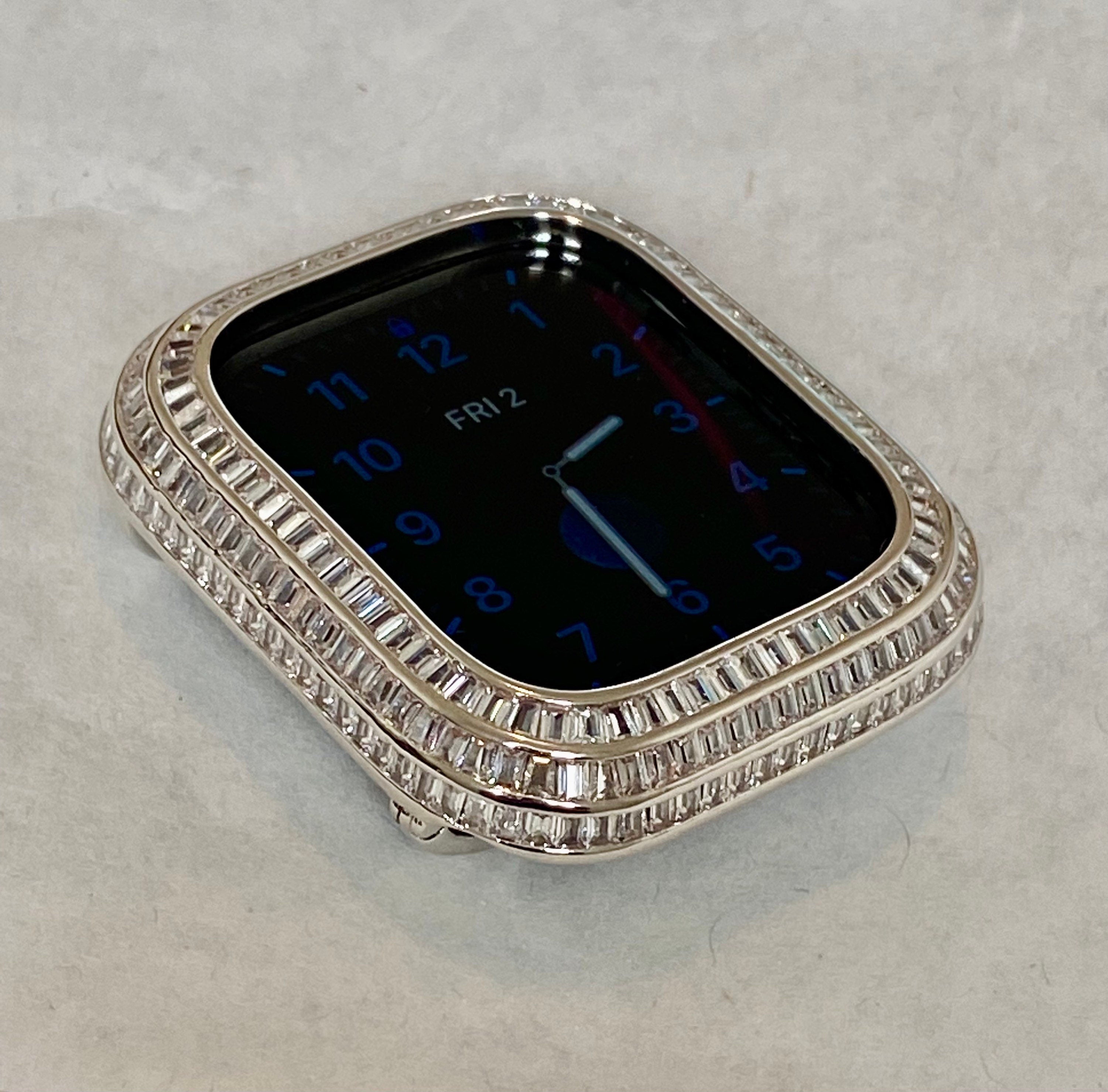 Apple Watch Bezel Cover 40mm 41mm 44mm 45mm 3 Rows of Lab Diamond Baguettes Silver, Rose Gold, Yellow Gold, Black, Smartwatch Bumper Case