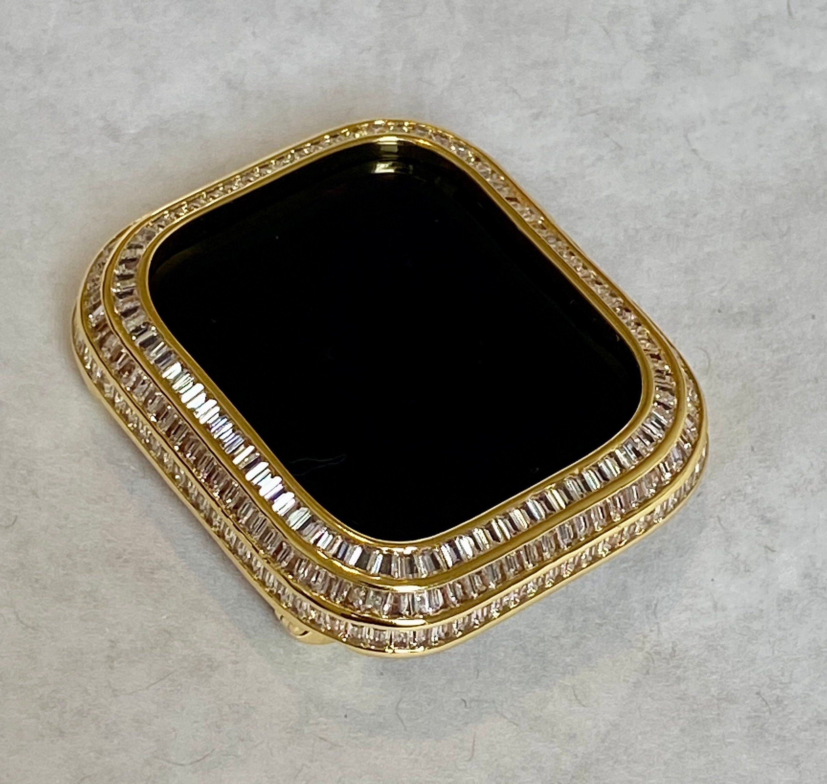 Apple Watch Bezel Cover 40mm 41mm 44mm 45mm 3 Rows of Lab Diamond Baguettes Silver, Rose Gold, Yellow Gold, Black, Smartwatch Bumper Case