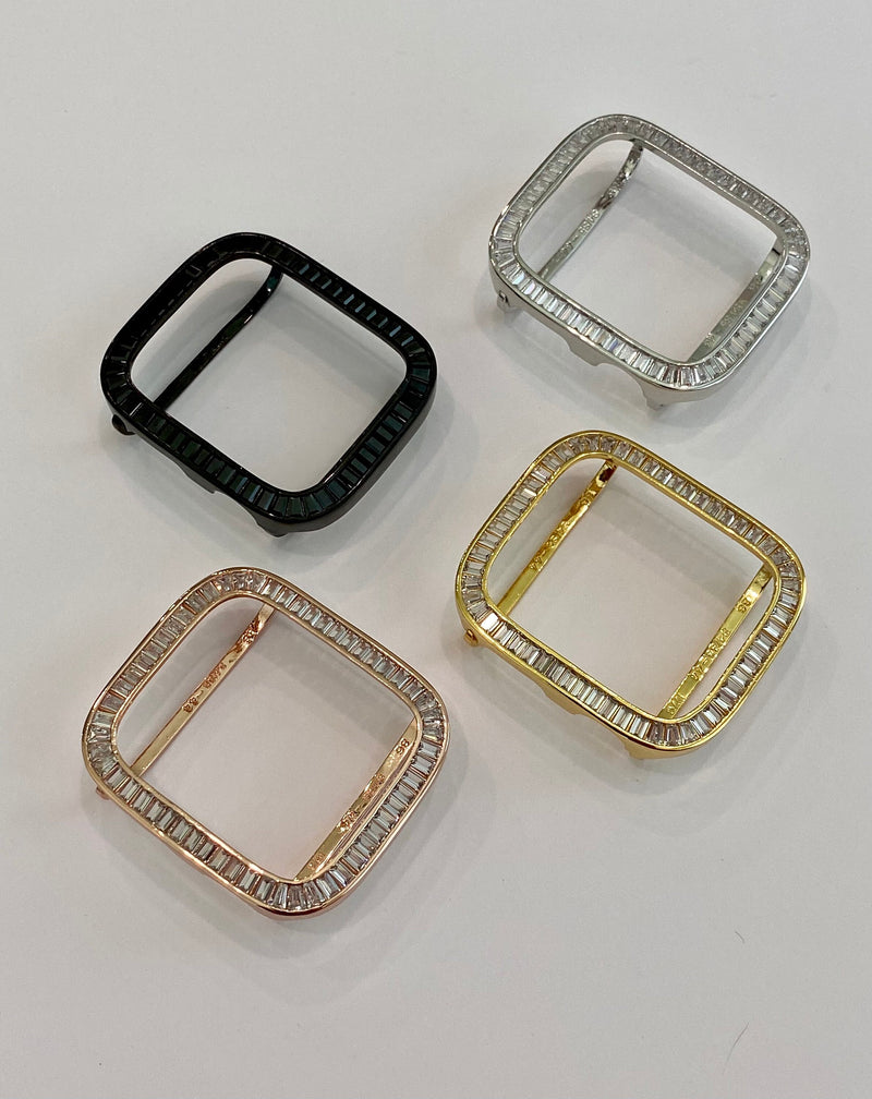 Series 1-8 Apple Watch Bezel Case Cover Large Lab Diamond Baguettes 38mm 40mm 41mm 42mm 44mm 45mm in Silver, Gold, Rose Gold and Black