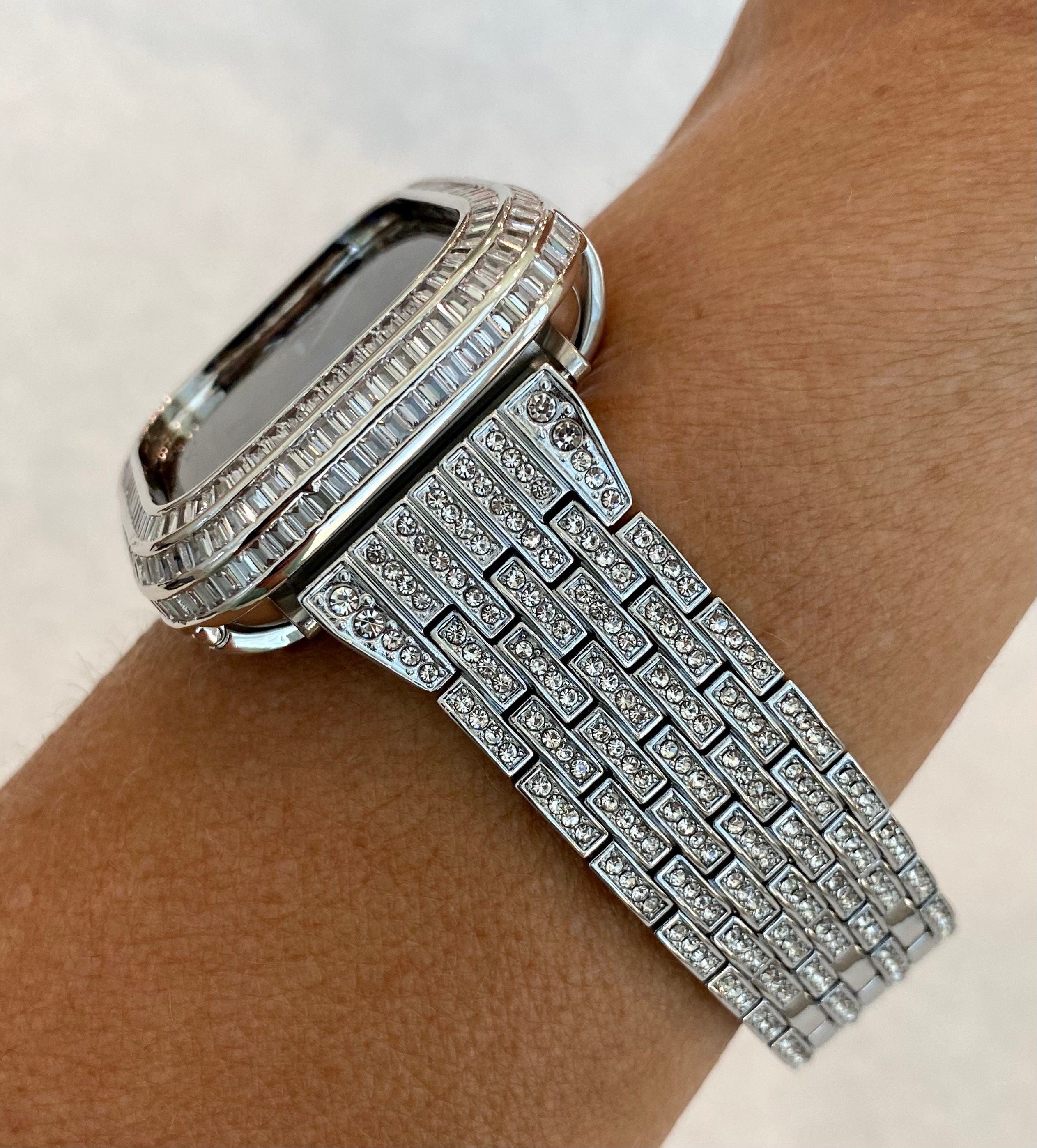 Custom Silver Apple Watch Band Stainless Steel 40mm 41mm 44mm 45mm Swarovski Crystals & or Apple Watch Case Lab Diamond Baguette Bezel Bling