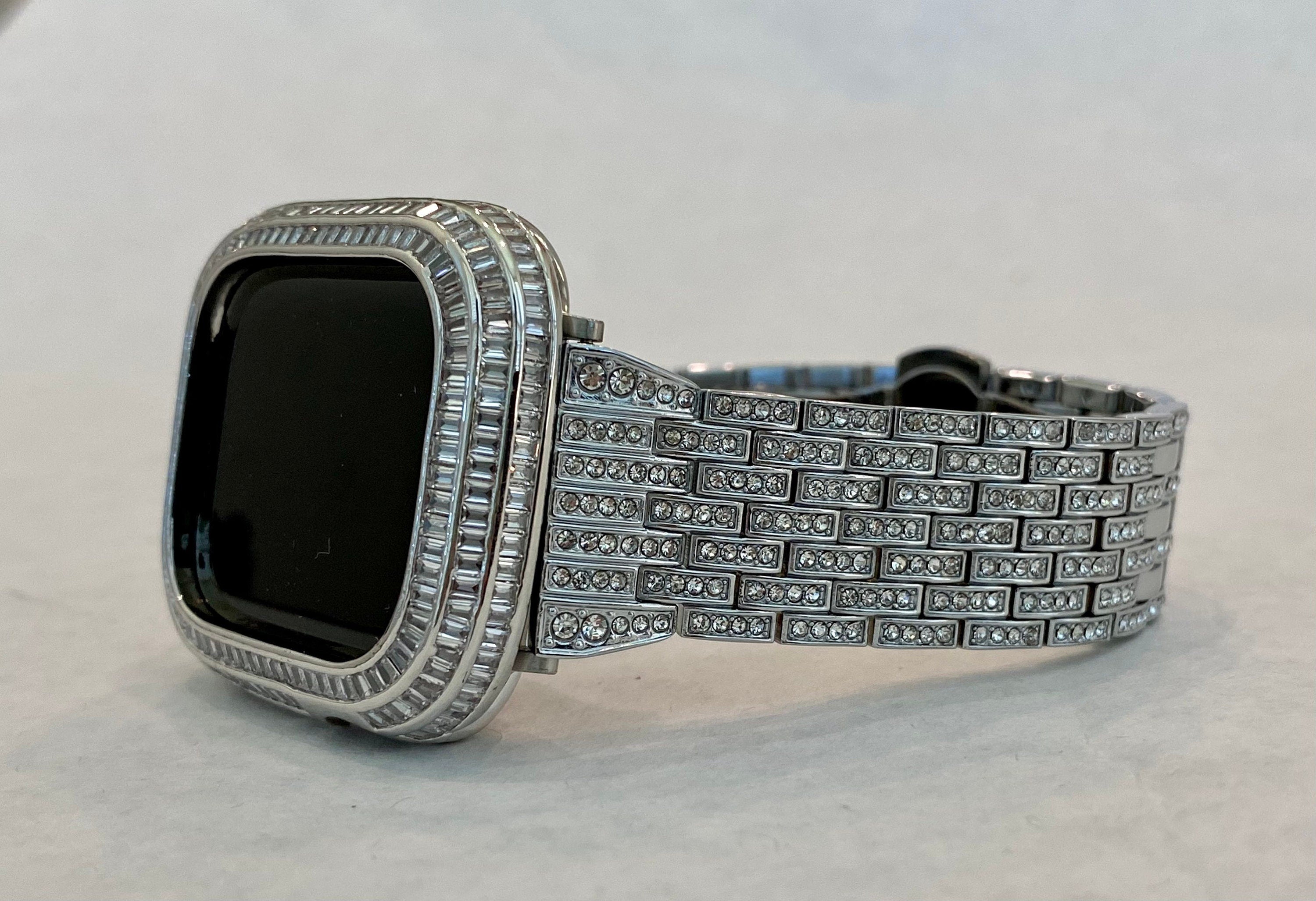 Custom Silver Apple Watch Band Stainless Steel 40mm 41mm 44mm 45mm Swarovski Crystals & or Apple Watch Case Lab Diamond Baguette Bezel Bling