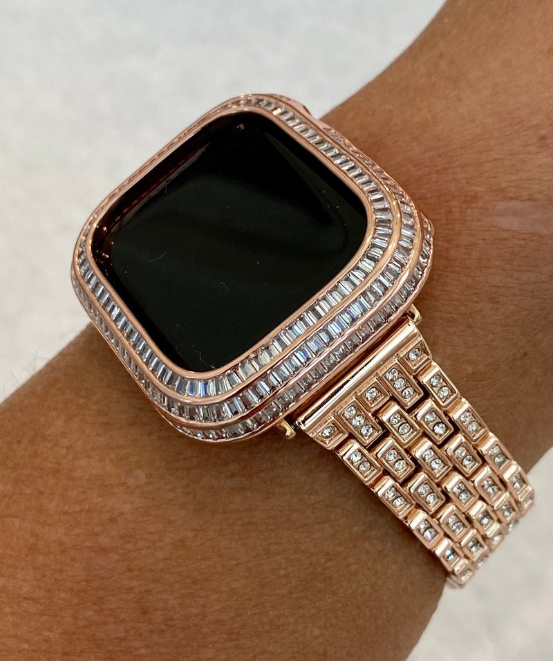 Luxury Designer Rose Gold Apple Watch Band Womens with Swarovski Crystals & or Lab Diamond Baguette Bezel Cover Protective Bumper Case 40mm 41mm 44mm 45mm Custom Handmade by Iwatch Candy