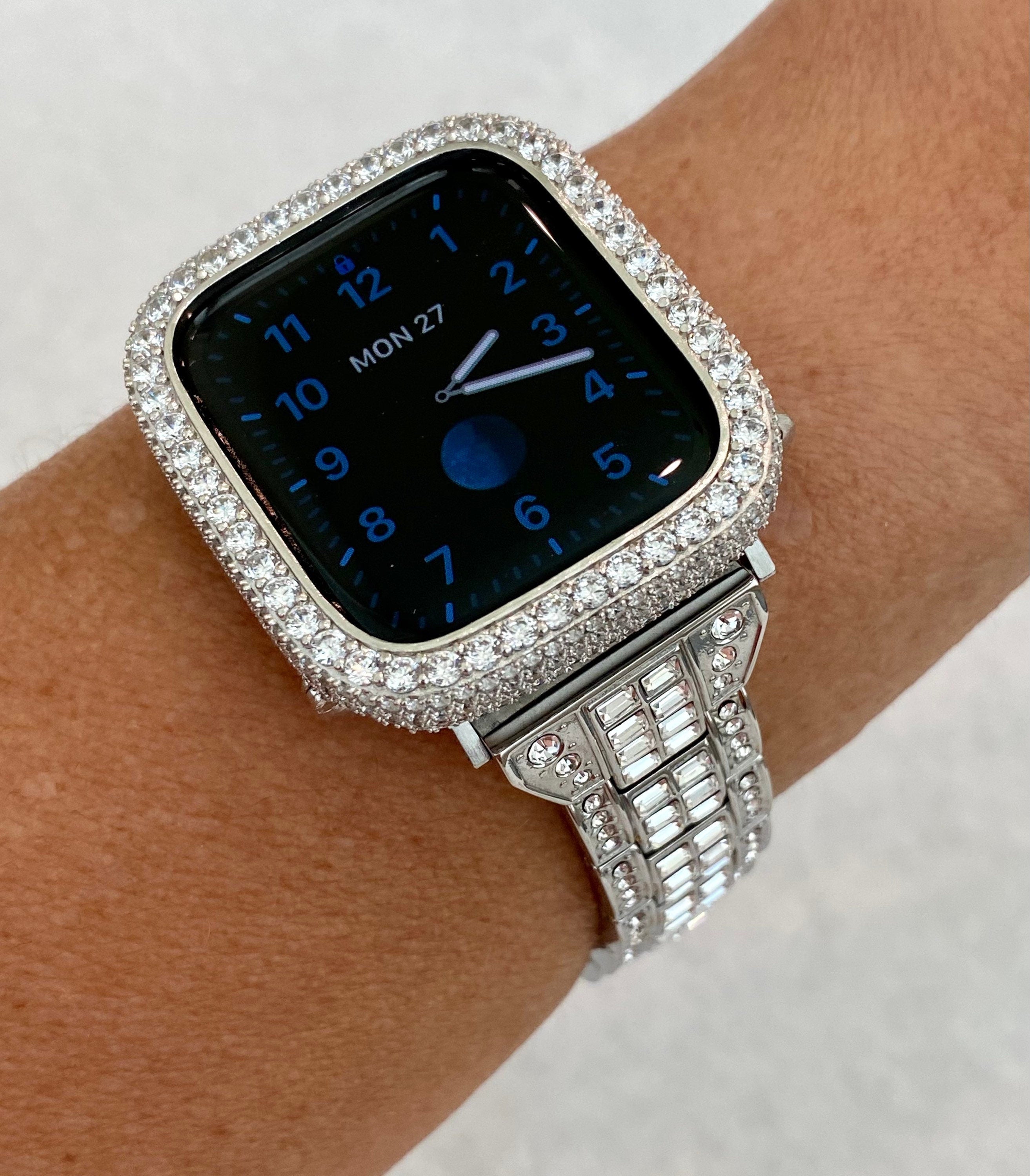 Silver Apple Watch Band Womens Swarovski Crystal Baguettes 49mm Ultra 41mm 45mm & or Apple Watch Cover Lab Diamond Smartwatch Bumper 38-45mm