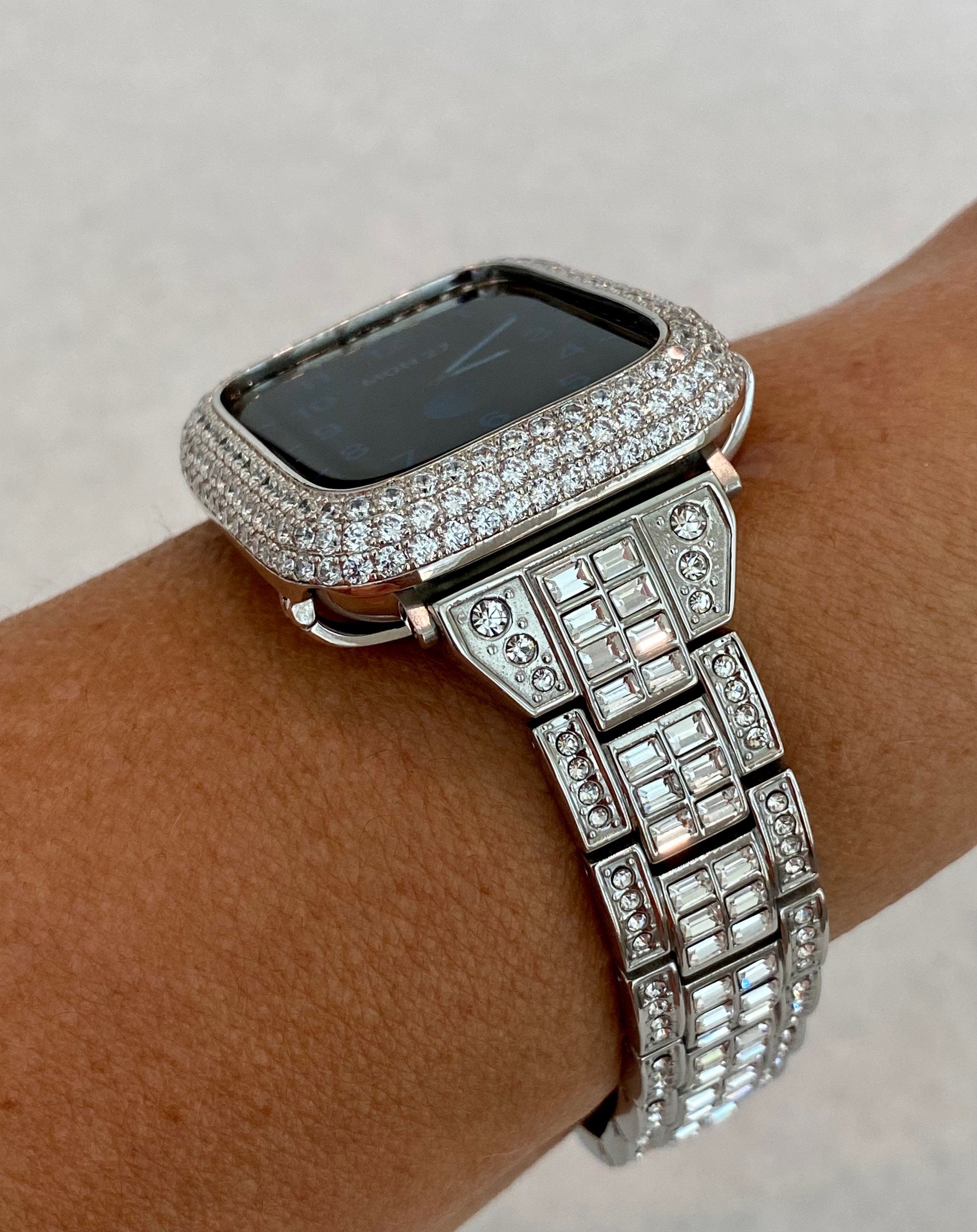 Silver Apple Watch Band Crystals Baguettes 38mm-49mm Ultra & or Apple Watch Cover Lab Diamond Bezel Apple Watch Case Iwatch Candy