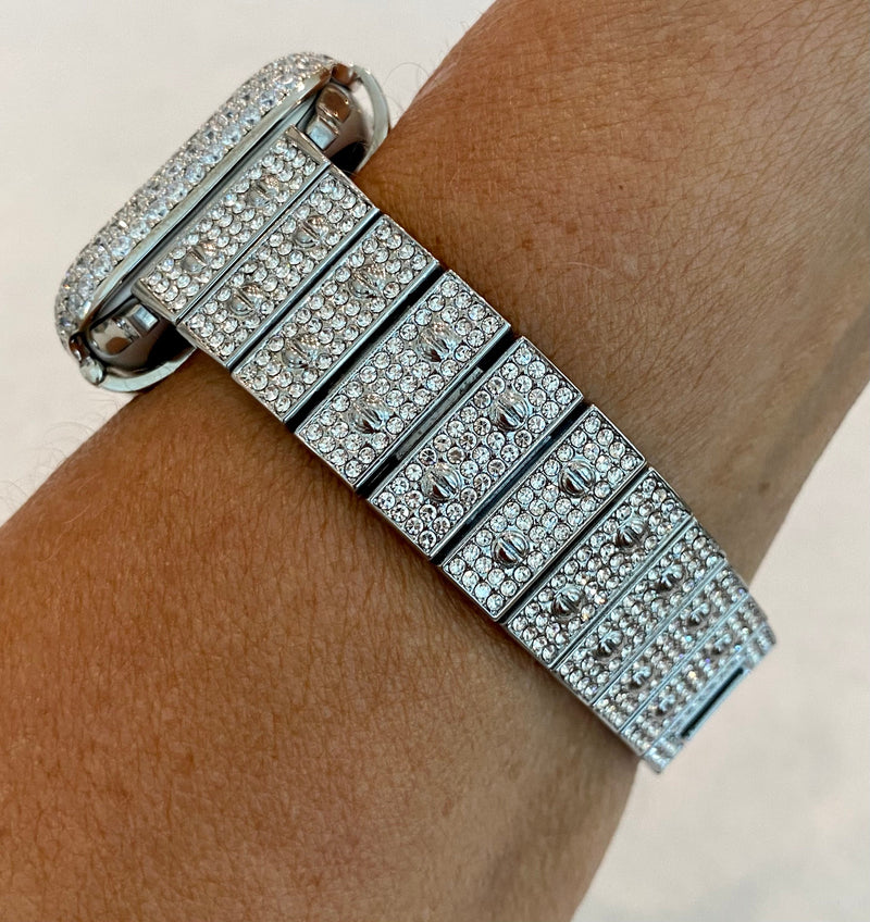 Series 1-8 Apple Watch Band White Gold 41mm 45mm Swarovski Crystals & or Silver Lab Diamond Bezel Case Cover Bling for Smartwatch