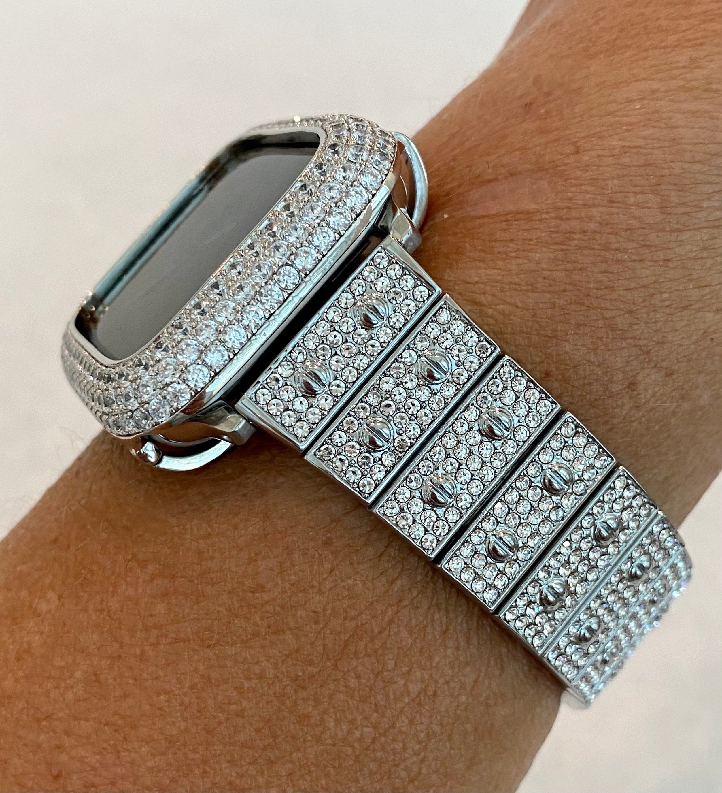 Apple Watch Band White Gold 41mm 45mm 49mm Crystals & or Apple Watch Cover Lab Diamond Bezel Case Smartwatch Bumper 38mm-44mm