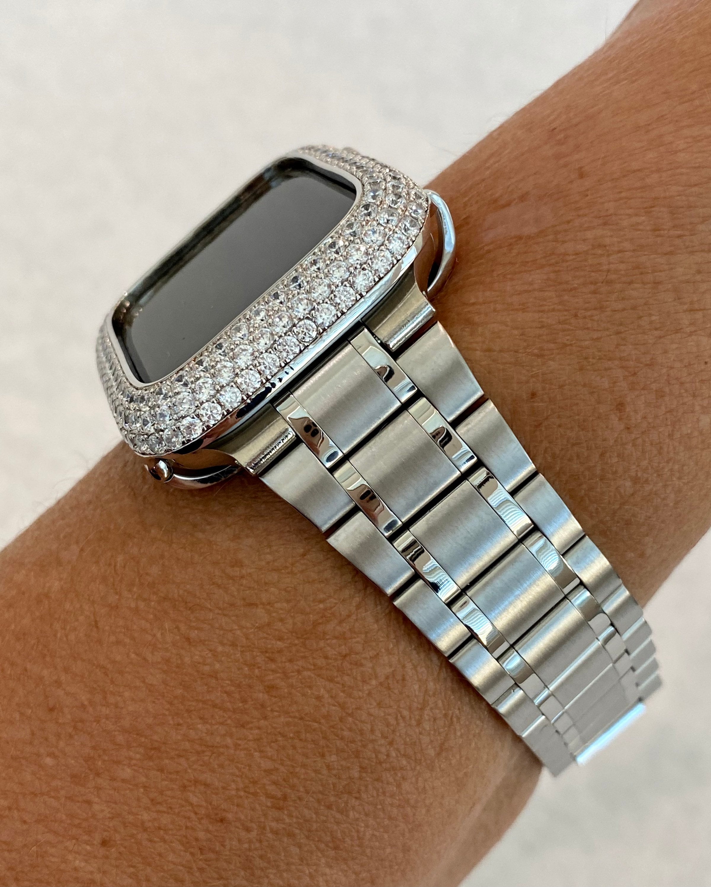 Apple Watch Band 49mm Ultra Silver Stainless Steel Ultra Thin & or Apple Watch Cover Lab Diamond Bezel Smartwatch Bumper Bling 38mm-45mm