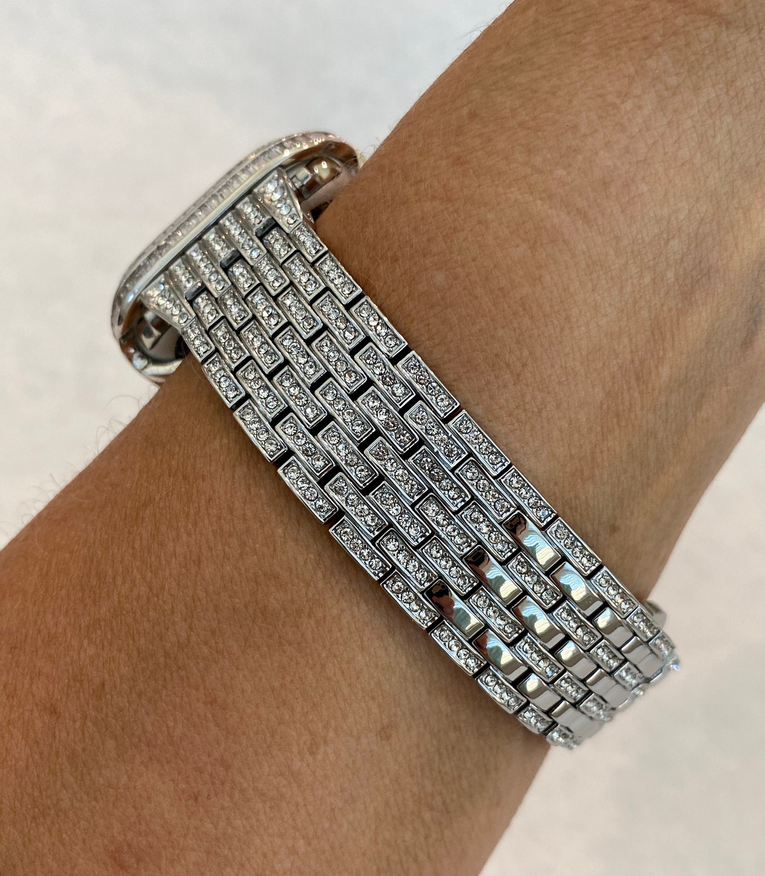 Custom Silver Apple Watch Band Stainless Steel 40mm 41mm 44mm 45mm Swarovski Crystals & or Apple Watch Case Lab Diamond Baguette Bezel Bling