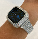 Series 4-8 Custom Silver Apple Watch Band 40mm 41mm 44mm 45mm & or Lab Diamond Baguette Bezel Cover Smartwatch Bumper