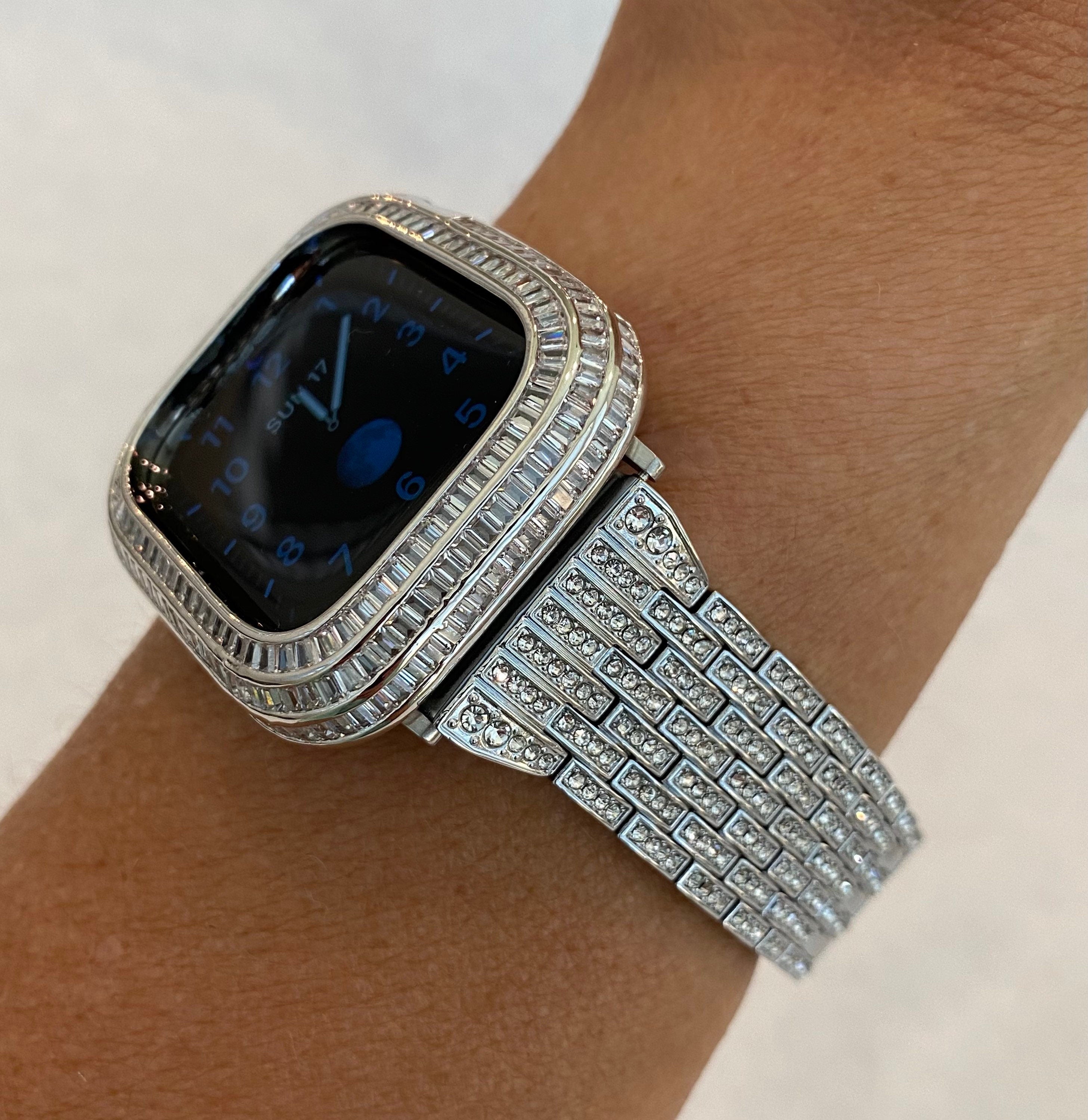 Custom Silver Apple Watch Band Stainless Steel 40mm 41mm 44mm 45mm Swarovski Crystals & or Apple Watch Case Lab Diamond Baguette Bezel Bling