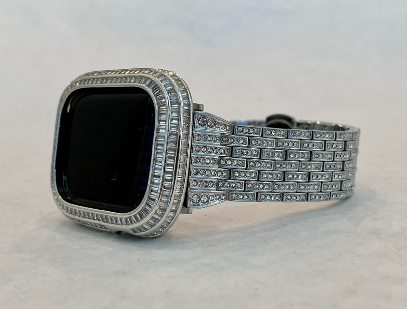 Series 4-8 Custom Silver Apple Watch Band 40mm 41mm 44mm 45mm & or Lab Diamond Baguette Bezel Cover Smartwatch Bumper