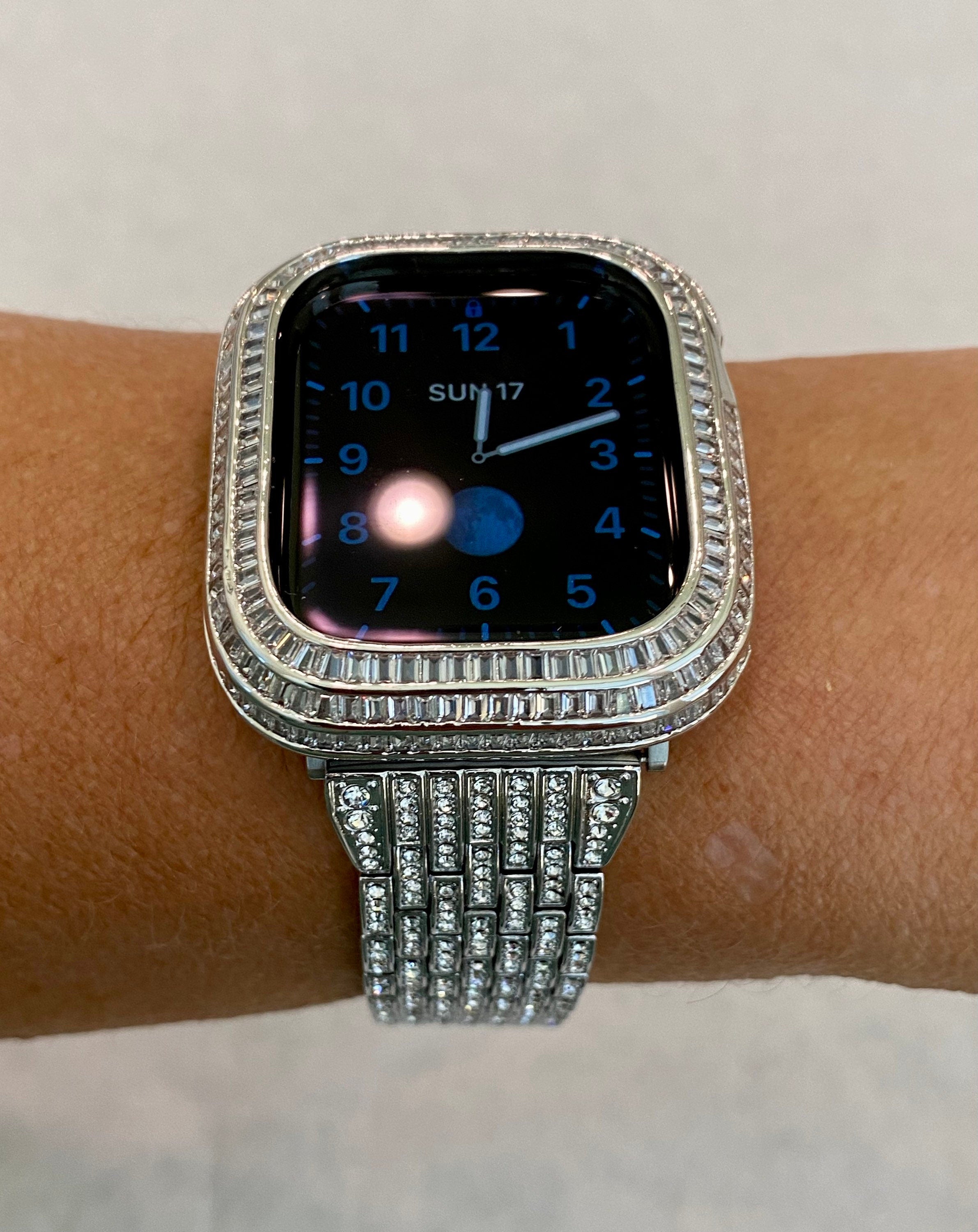 Custom Silver Apple Watch Band Stainless Steel 40mm 41mm 44mm 45mm Swarovski Crystals & or Apple Watch Case Lab Diamond Baguette Bezel Bling