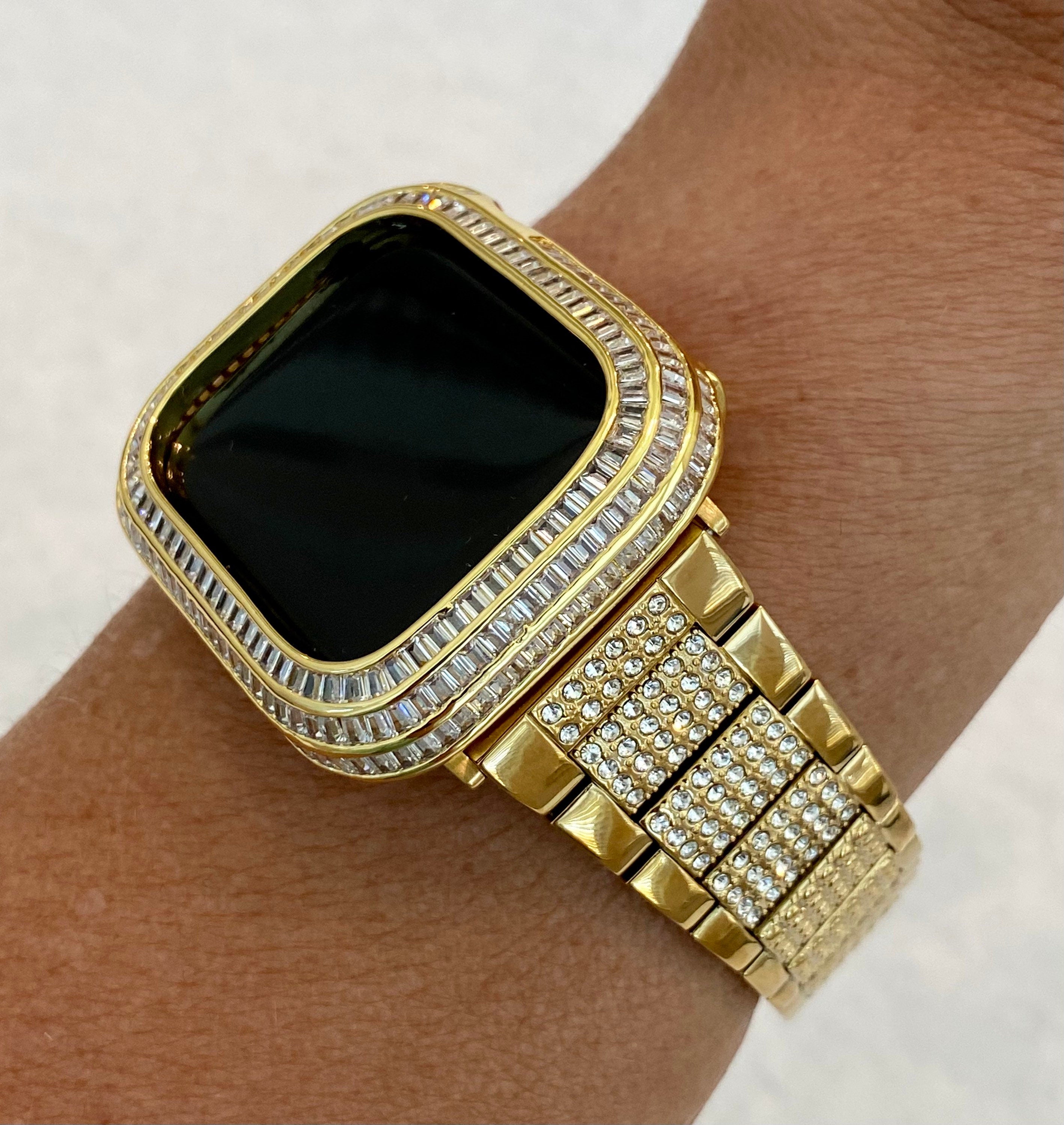 Bling Gold Apple Watch Band 41mm 44mm Stainless Steel & or Apple Watch Cover Lab Diamond Bezel Case 40mm 44mm Iwatch Candy Bling Series 9