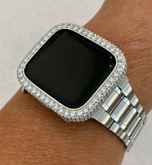 Sleek Apple Watch Band 45mm Silver Stainless Steel Ultra Thin & or Apple Watch Cover Lab Diamond Bezel Case Bling 38mm-49mm Ultra Series 1-8 by Iwatch Candy