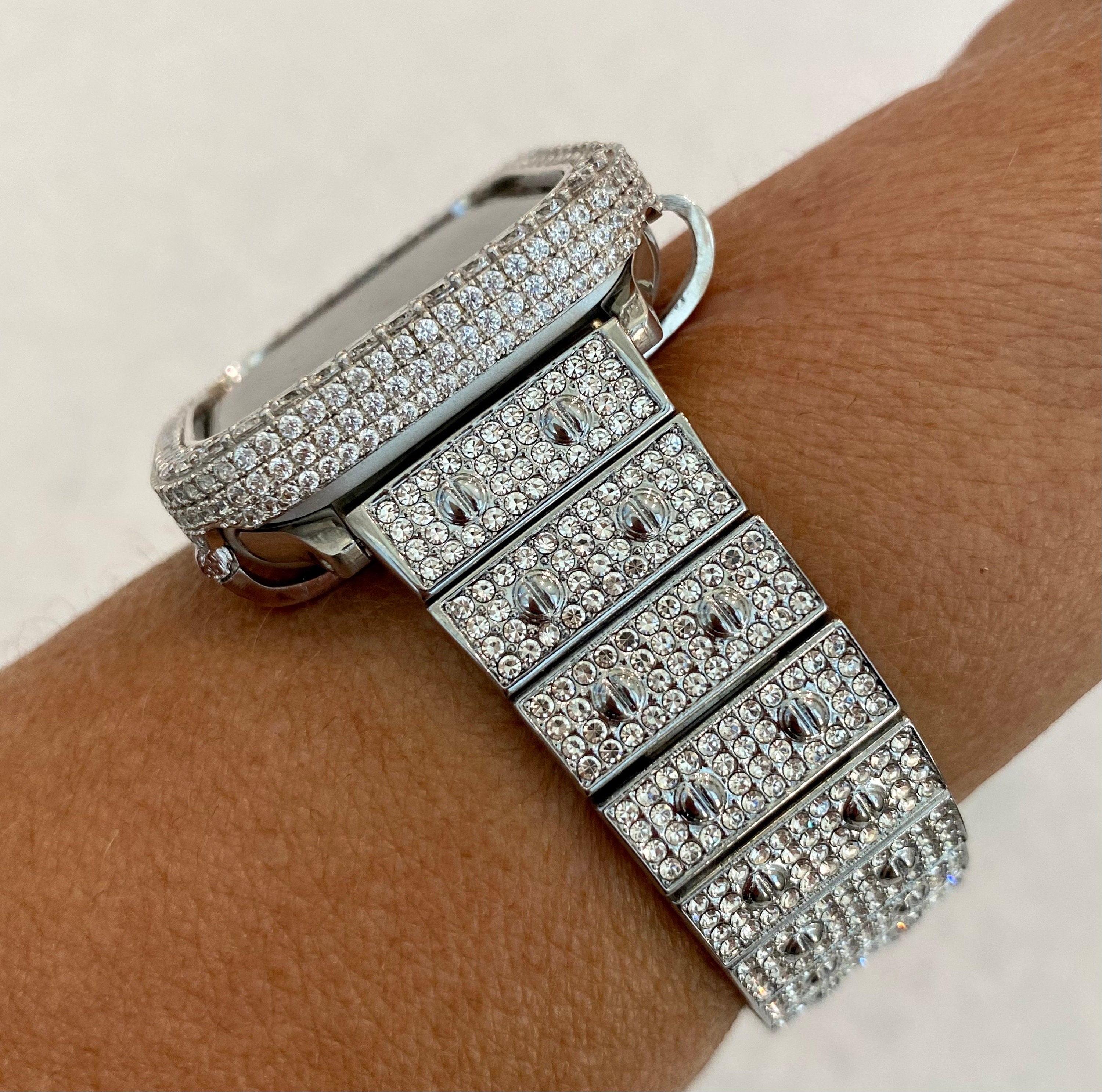 Silver Apple Watch Band 41mm 45mm 49mm Ultra Swarovski Crystal & or Apple Watch Cover Lab Diamond Bezel Bling Smartwatch 38mm 40mm 42mm 44mm