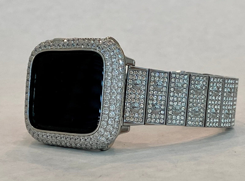 Silver Apple Watch Band Crystal 38 40 42 44 45 49mm Ultra & or Apple Watch Cover Lab Diamond Bezel Case Iwatch Candy Bling