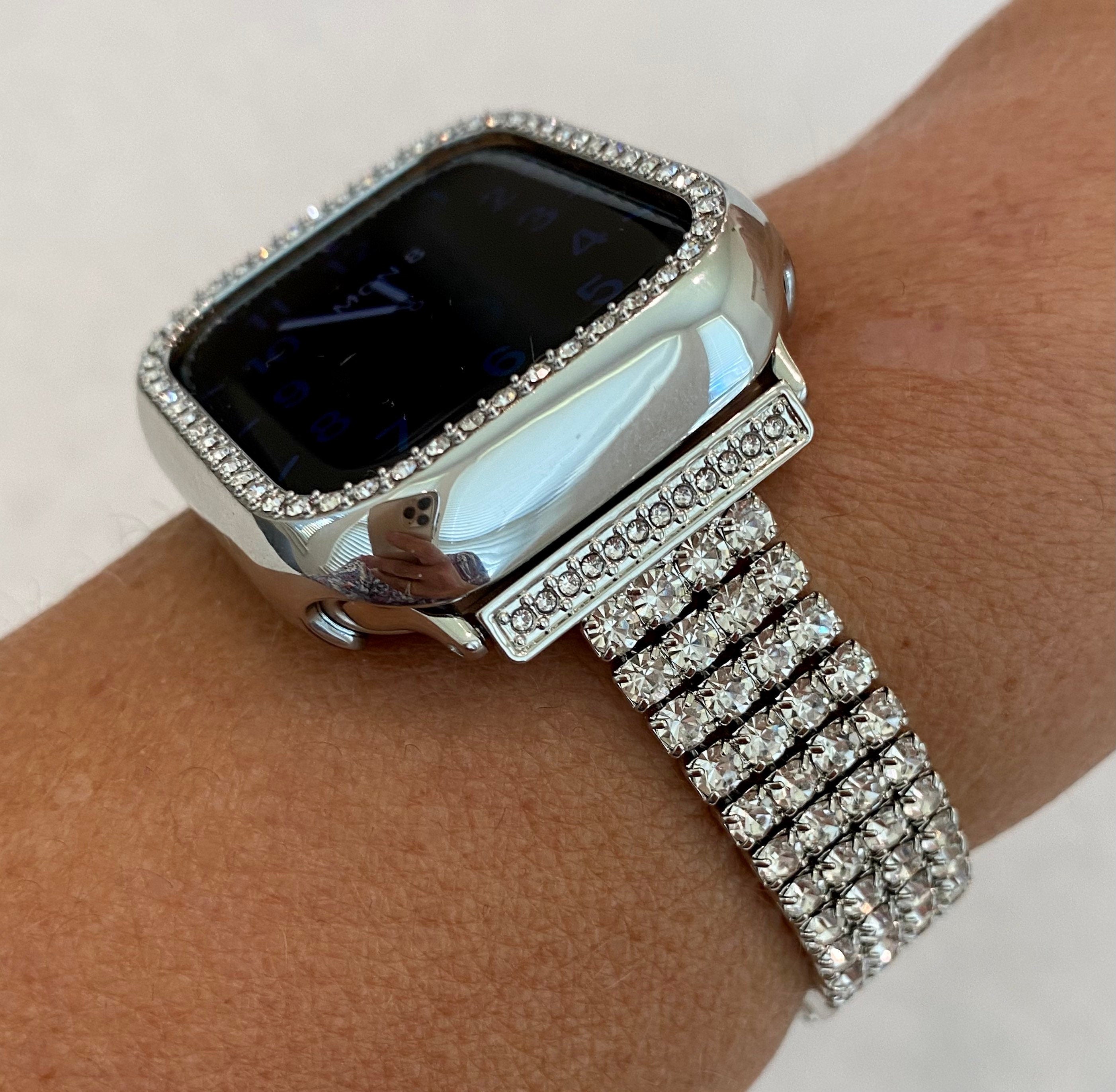 Series 10 Apple Watch Band 42mm 46mm 49mm White Gold & or Silver Swarovski Crystal Apple Watch Case for Iphone Watch Protective Iwatch Cover