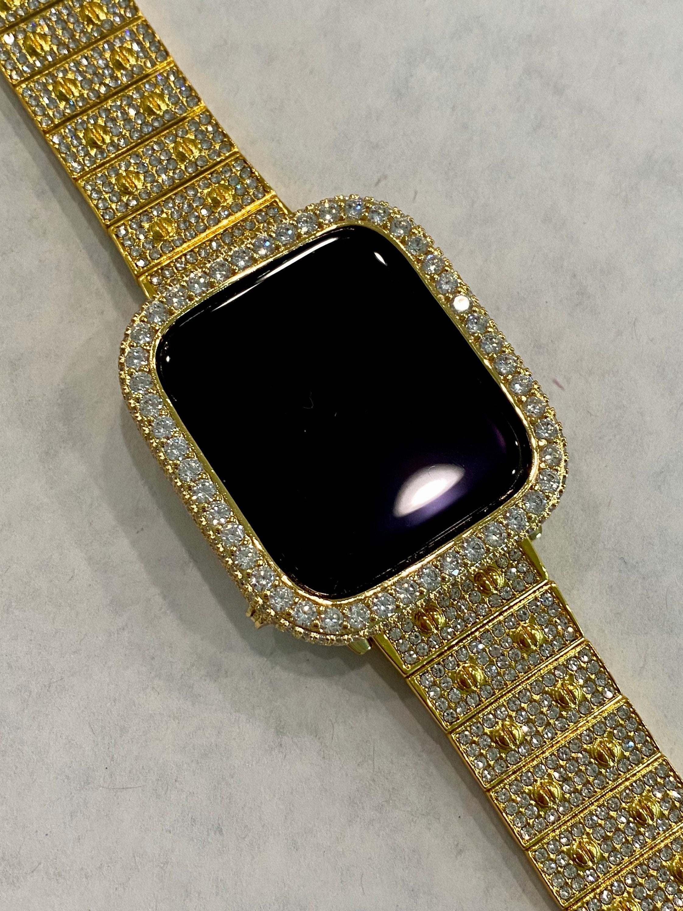 Gold Apple Watch Band Series 1-8 SE Swarovski Crystals & or Lab Diamond Bezel Cover 38mm-45mm Smartwatch Bumper Bling