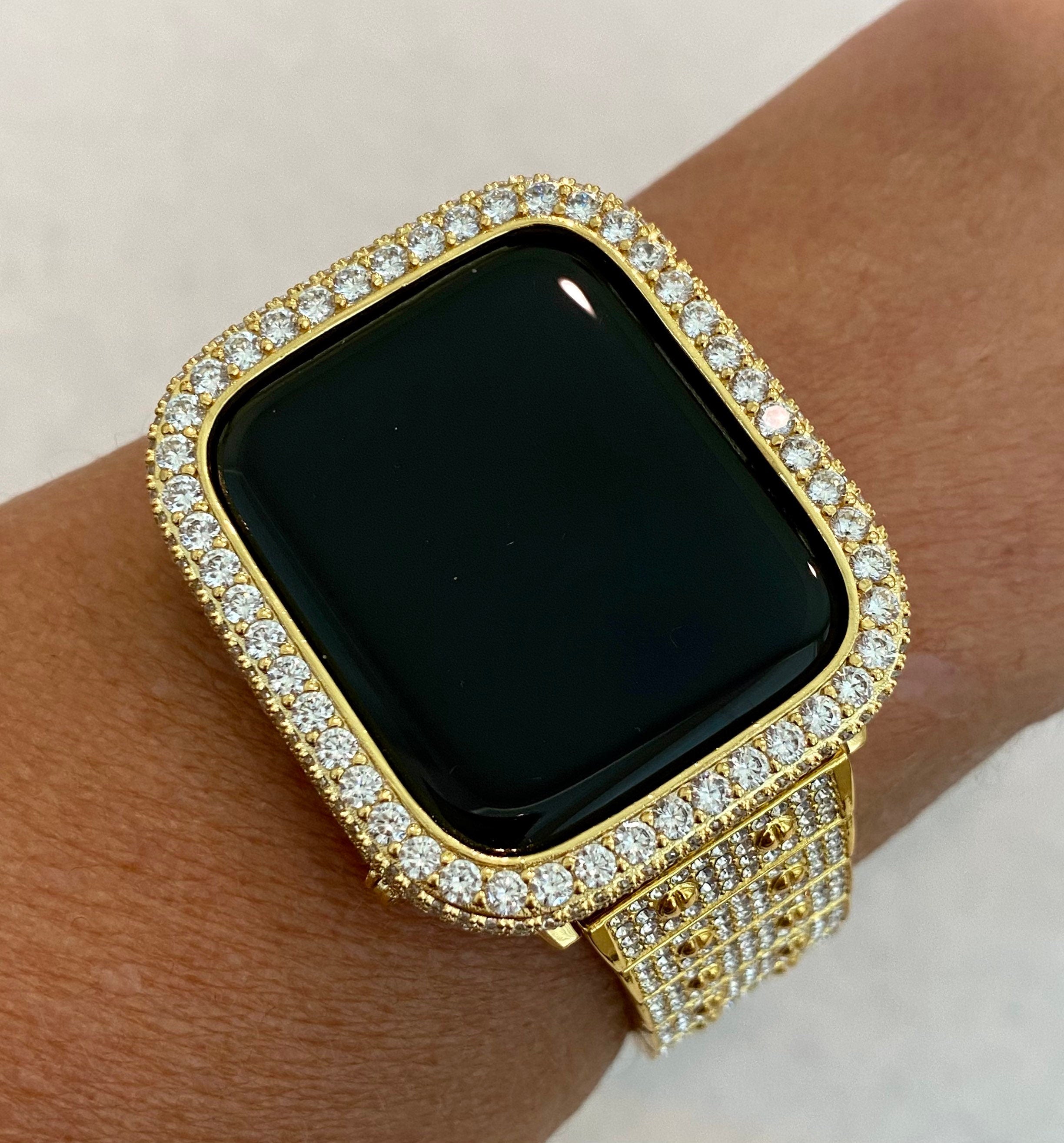 Gold Apple Watch Band Series 1-8 SE Swarovski Crystals & or Lab Diamond Bezel Cover 38mm-45mm Smartwatch Bumper Bling