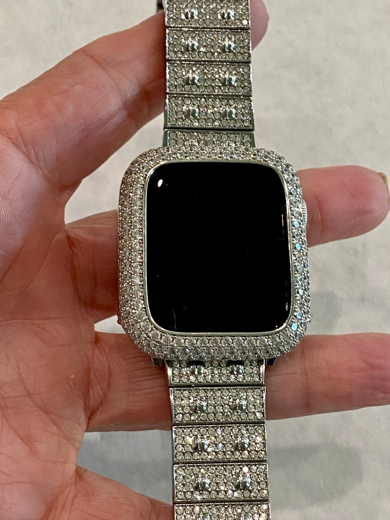 Silver Apple Watch Band Crystal 38 40 42 44 45 49mm Ultra & or Apple Watch Cover Lab Diamond Bezel Case Iwatch Candy Bling