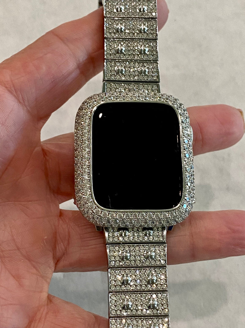 Apple Watch Band White Gold 38mm 40mm 41mm 42mm 44mm 45mm Swarovski Crystals & or Silver Lab Diamond Bezel Case Cover Bling Series 1-8 SE