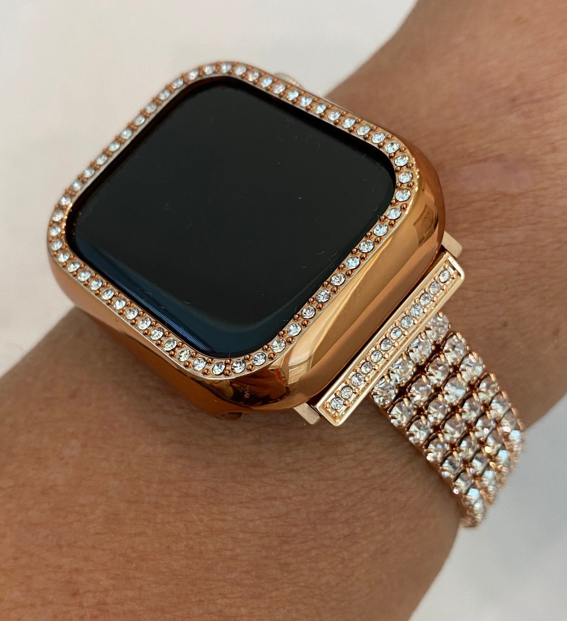 Designer Apple Watch Band Women Rose Gold 41mm 45mm 49mm Ultra Swarovski Crystals & or Apple Watch Case Cover Smartwatch Bumper Bling IwatchCandy