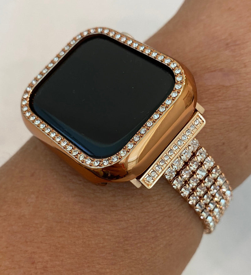 Designer Apple Watch Band Women Rose Gold 41mm 45mm 49mm Ultra Swarovski Crystals & or Apple Watch Case Cover Smartwatch Bumper Bling IwatchCandy