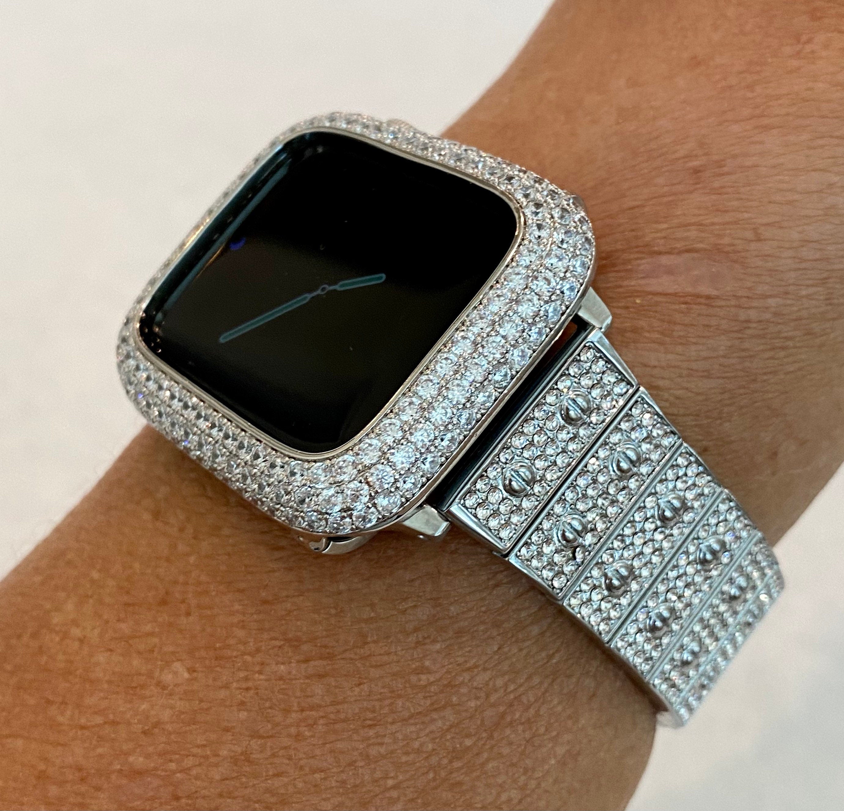 Apple Watch Band White Gold 41mm 45mm 49mm Swarovski Crystals & or Apple Watch Cover Lab Diamond Bezel Case Smartwatch Bumper 38mm-44mm