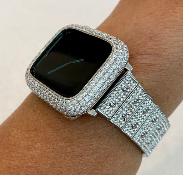 Apple Watch Band White Gold 38mm 40mm 41mm 42mm 44mm 45mm Swarovski Crystals & or Silver Lab Diamond Bezel Case Cover Bling Series 1-8 SE