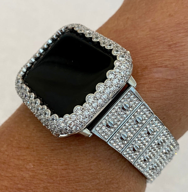 Silver Apple Watch Band Swarovski Crystals 38mm 40mm 41mm 42mm 44mm 45mm & or Lab Diamond Bezel Cover Smartwatch Bumper Bling Series 1-8 SE