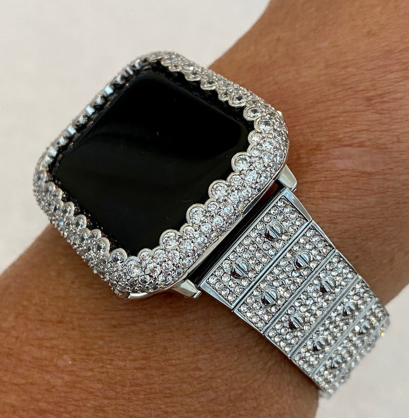 Silver Apple Watch Band Swarovski Crystals 38mm 40mm 41mm 42mm 44mm 45mm & or Lab Diamond Bezel Cover Smartwatch Bumper Bling Series 1-8 SE