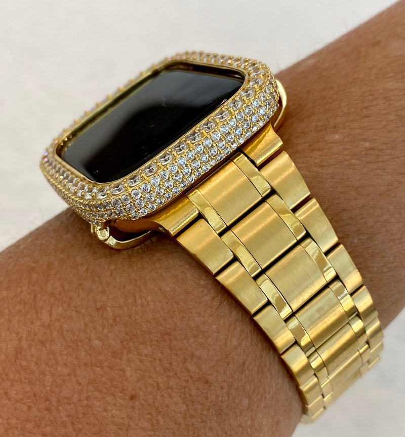 Gold 49mm Ultra Apple Watch Band Stainless Steel Ultra Thin & or Apple Watch Cover Lab Diamond Bezel Case Bling Iwatch Candy 38mm-49mm Ultra