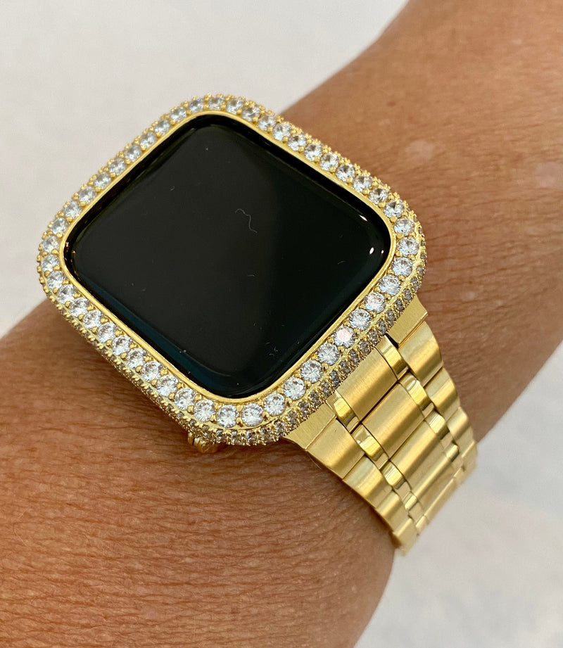 Gold Apple Watch Band 41mm 45mm Series 1-8 Stainless Steel & or Lab Diamond Bezel Cover Bling 38mm-44mm Smartwatch Bumper Bling