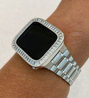 Apple Watch Band Silver Stainless Steel 38mm 40mm 41mm 42mm 44mm 45mm & or Lab Diamond Bezel Cover Smartwatch Bumper Bling Series 2-9 SE