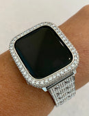 Silver Apple Watch Band Pave Crystal 38 40 41 42 44 45 49mm Ultra & orApple Watch Cover Lab Diamond Bezel Bling Series 2-9