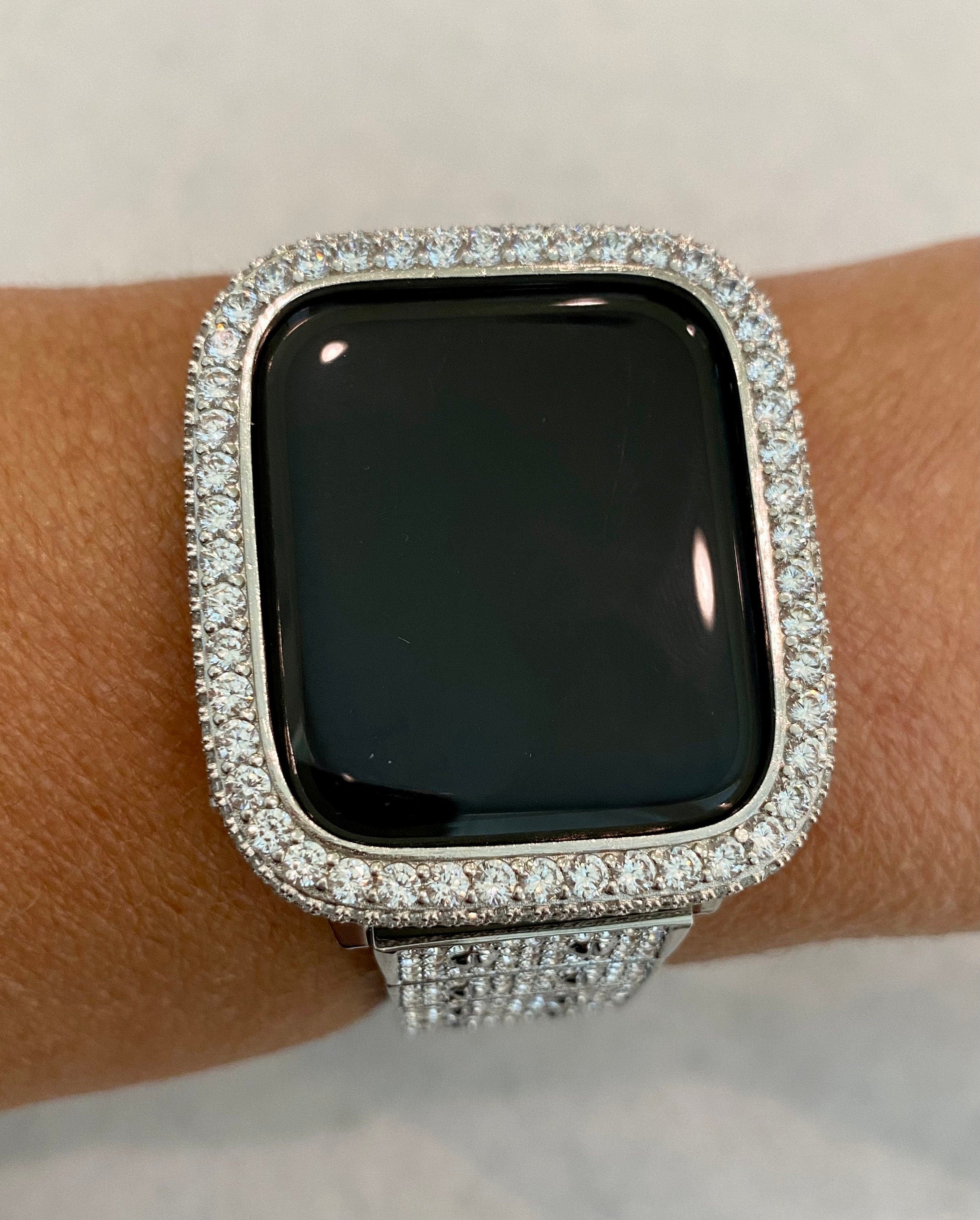 Silver Apple Watch Band 41mm 45mm 49mm Ultra Swarovski Crystal & or Apple Watch Cover Lab Diamond Bezel Bling Smartwatch 38mm 40mm 42mm 44mm