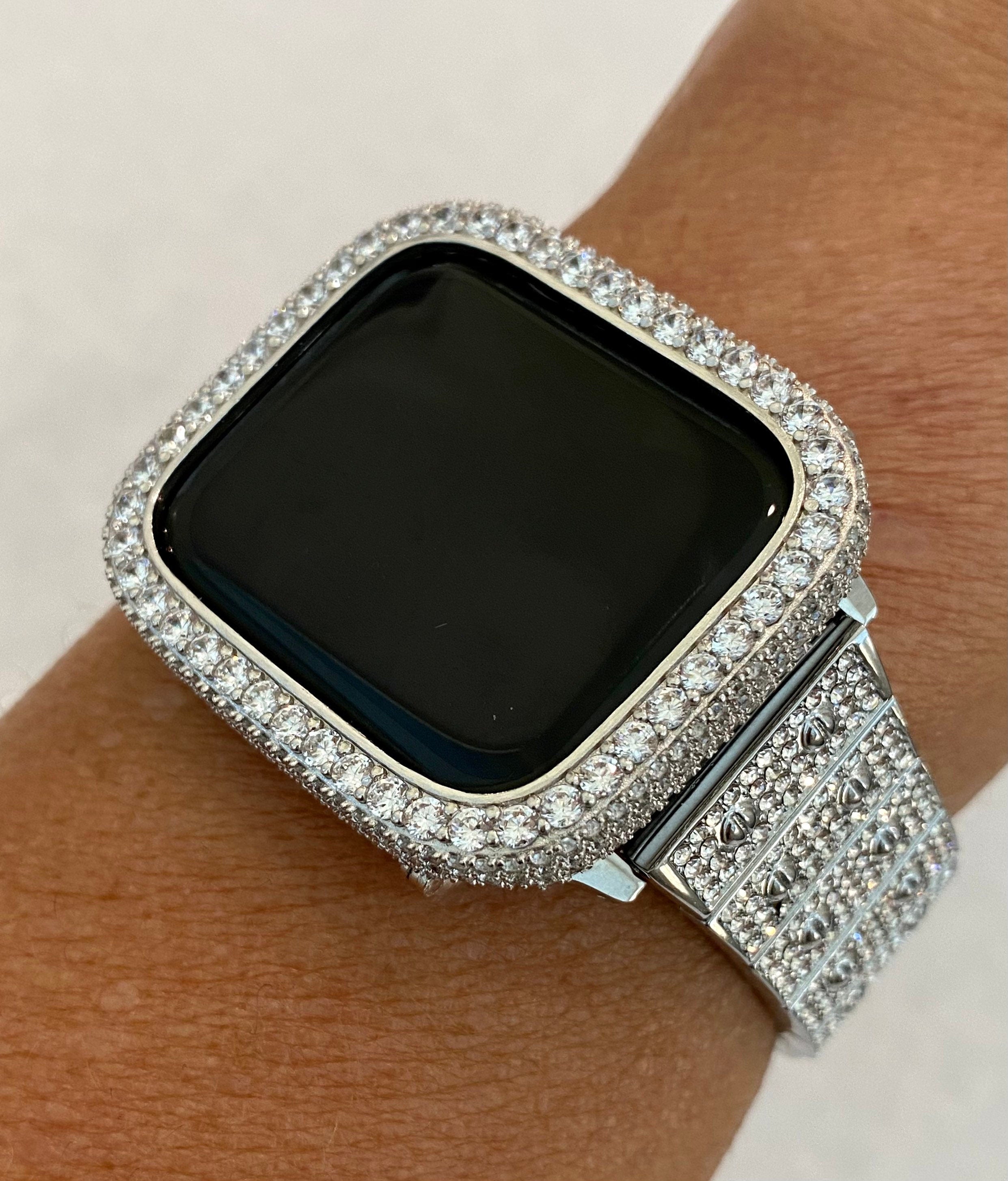 Silver Apple Watch Band Pave Swarovski Crystal 38 40 41 42 44 45 49mm Ultra & orApple Watch Cover Lab Diamond Bezel Bling Series 2-9