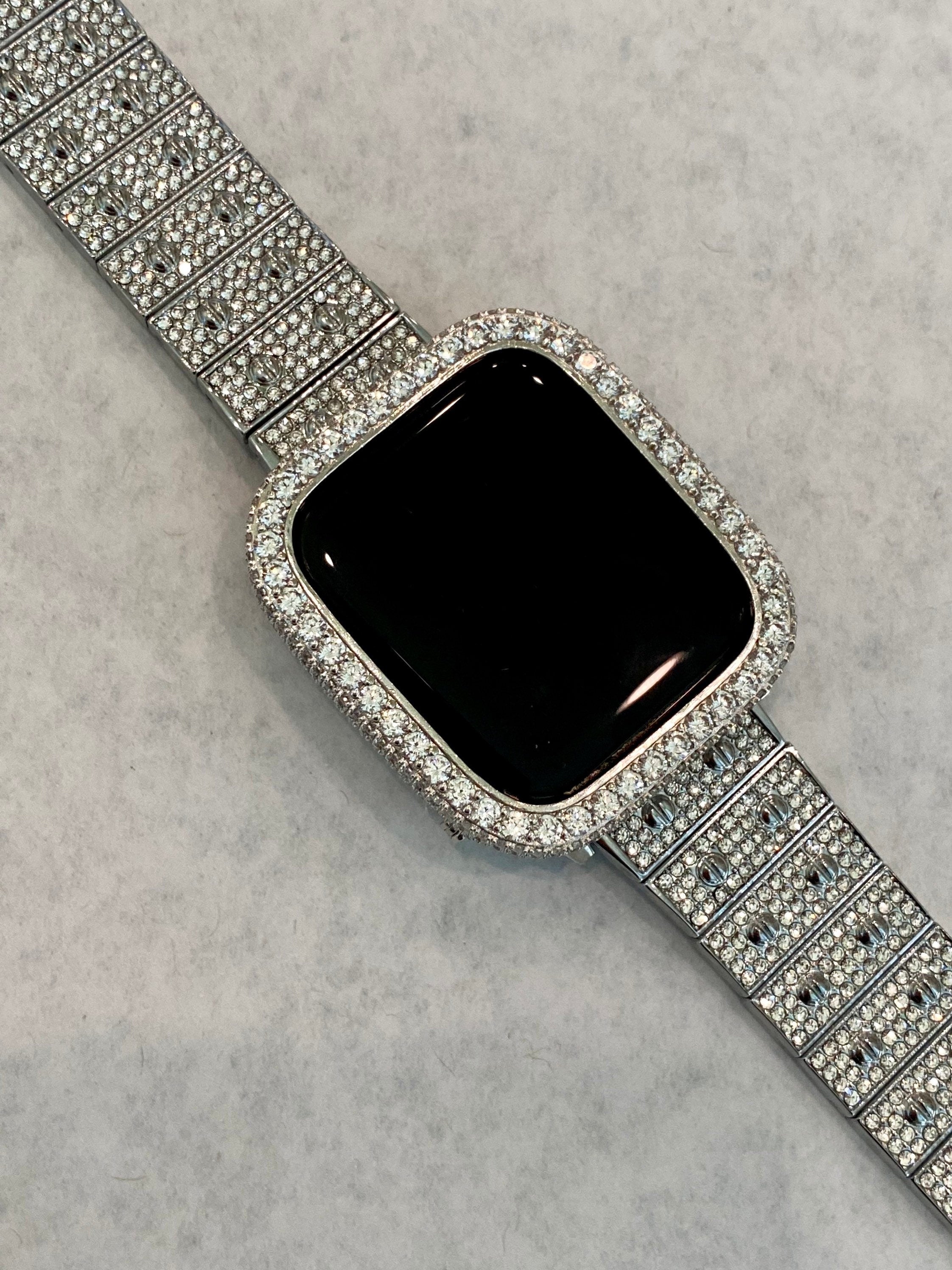 Silver Apple Watch Band 41mm 45mm 49mm Ultra Swarovski Crystal & or Apple Watch Cover Lab Diamond Bezel Bling Smartwatch 38mm 40mm 42mm 44mm