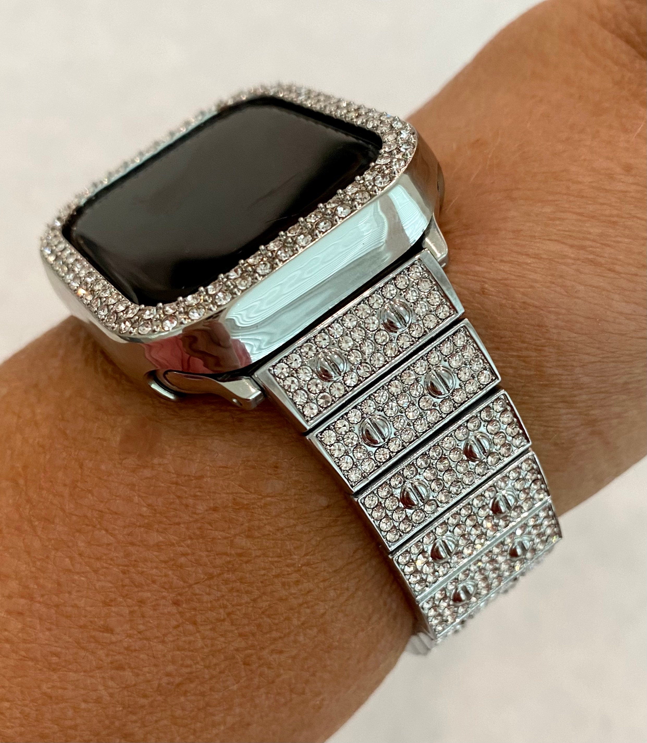 Ice Out Ultra 49mm Apple Watch Band 41mm 45mm Swarovski Crystals & or Silver Apple Watch Case Cover Bumper Bling 38mm-45mm Smartwatch Bumper