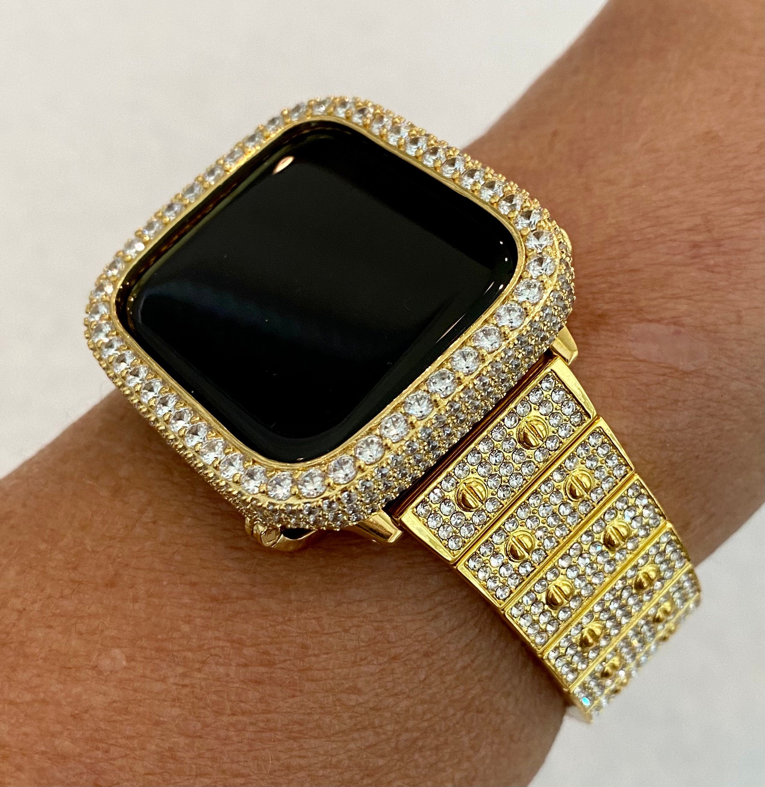 Gold Apple Watch Band Series 1-8 SE Swarovski Crystals & or Lab Diamond Bezel Cover 38mm-45mm Smartwatch Bumper Bling