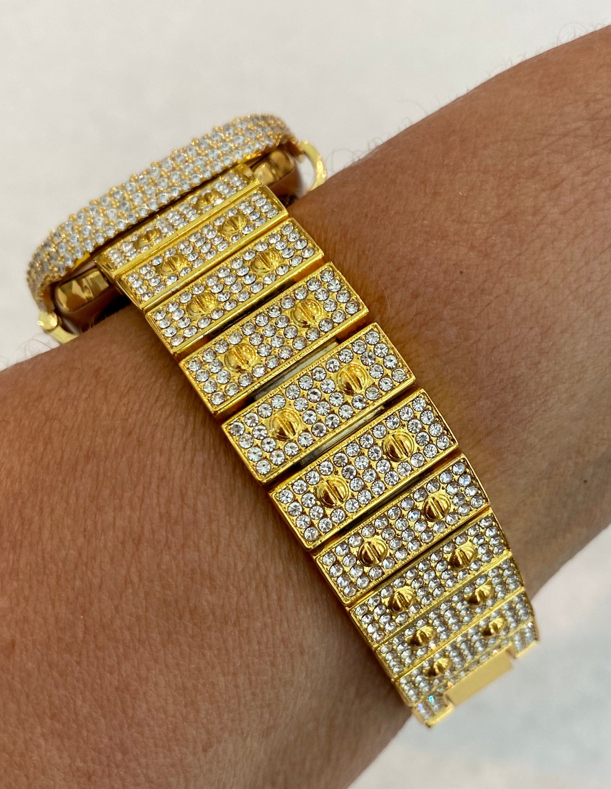 Gold Apple Watch Band Series 1-8 SE Swarovski Crystals & or Lab Diamond Bezel Cover 38mm-45mm Smartwatch Bumper Bling