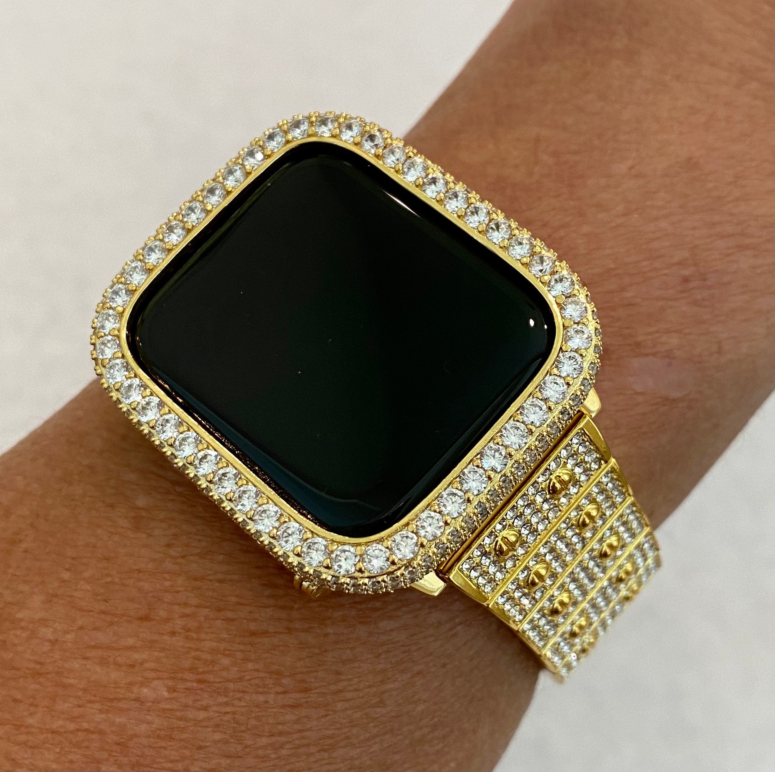 Gold Apple Watch Band Series 1-8 SE Swarovski Crystals & or Lab Diamond Bezel Cover 38mm-45mm Smartwatch Bumper Bling