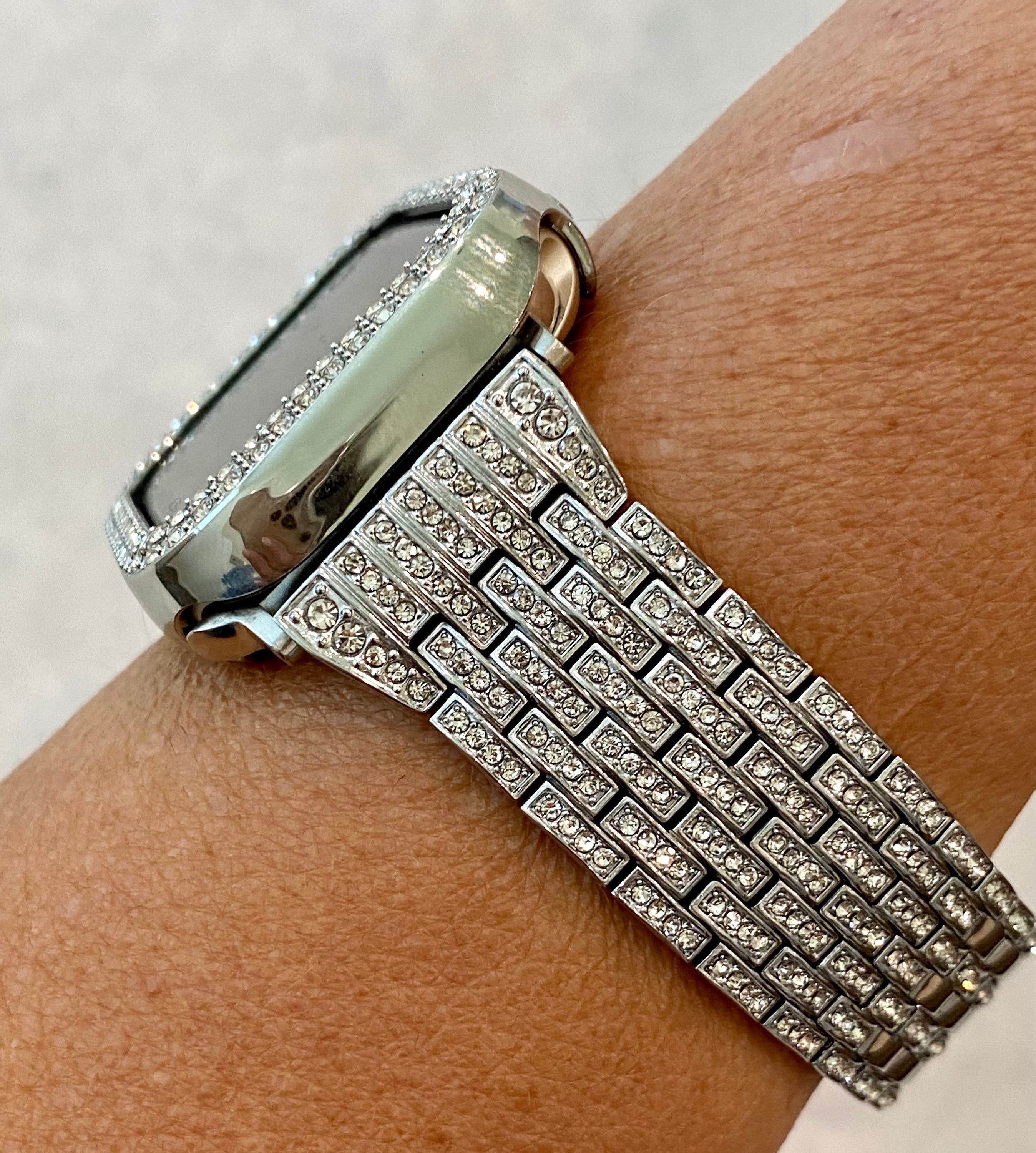 41mm 45mm 49mm Silver Apple Watch Band Series 7-8 Ultra Crystals & or Crystal Apple Watch Cover Protective Case Faceplate