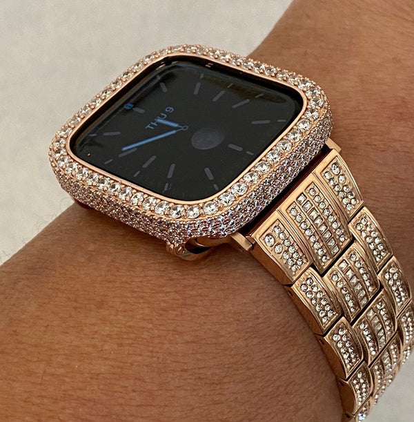 Series 8 Apple Watch Band 41mm 45mm Swarovski Crystals & or Rose Gold Lab Diamond Pave Bezel Cover 38mm-44mm Series 1-8