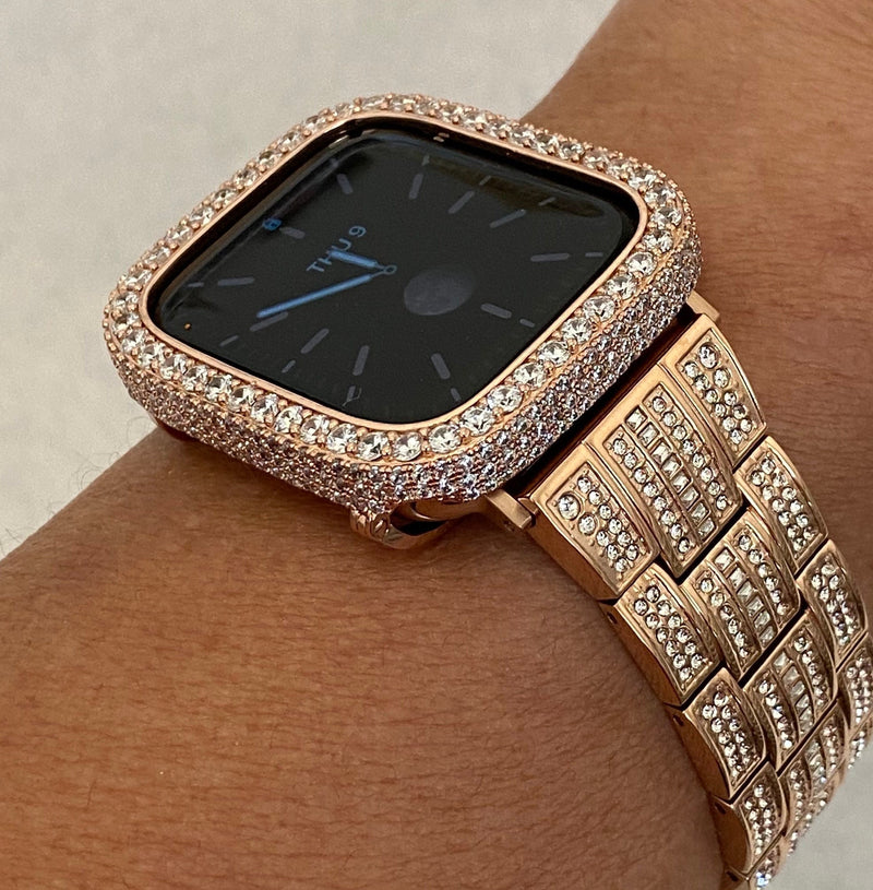 Series 8 Apple Watch Band 41mm 45mm Swarovski Crystals & or Rose Gold Lab Diamond Pave Bezel Cover 38mm-44mm Series 1-8