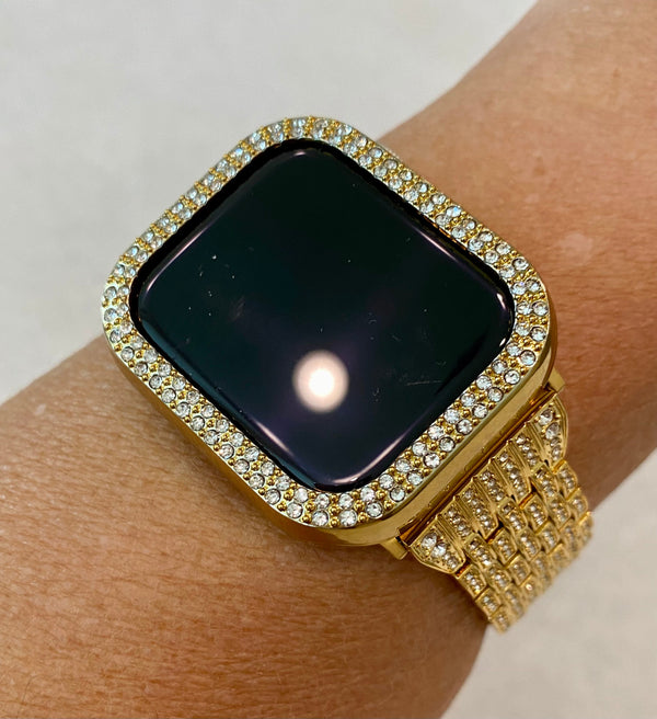 Series 2-8 Apple Watch Band Gold Ultra 49mm Swarovski Crystals & or Lab Diamond Bezel Cover 38mm-45mm Smartwatch Bumper