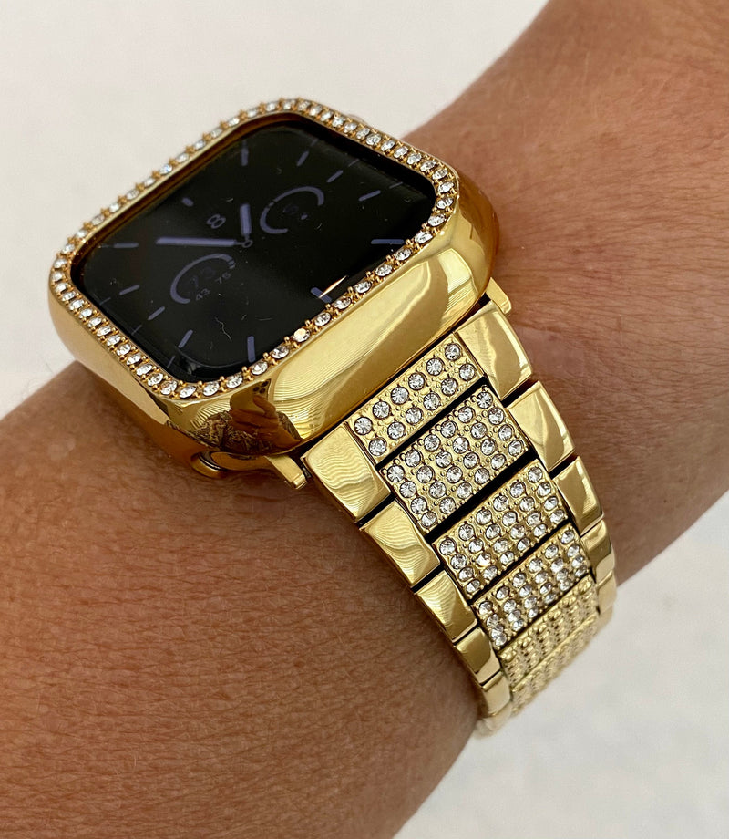 41mm 45mm 49mm Gold Apple Watch Band Ultra Series 7,8 & or Swarovski Crystal Apple Watch Cover Smartwatch Bumper Bling