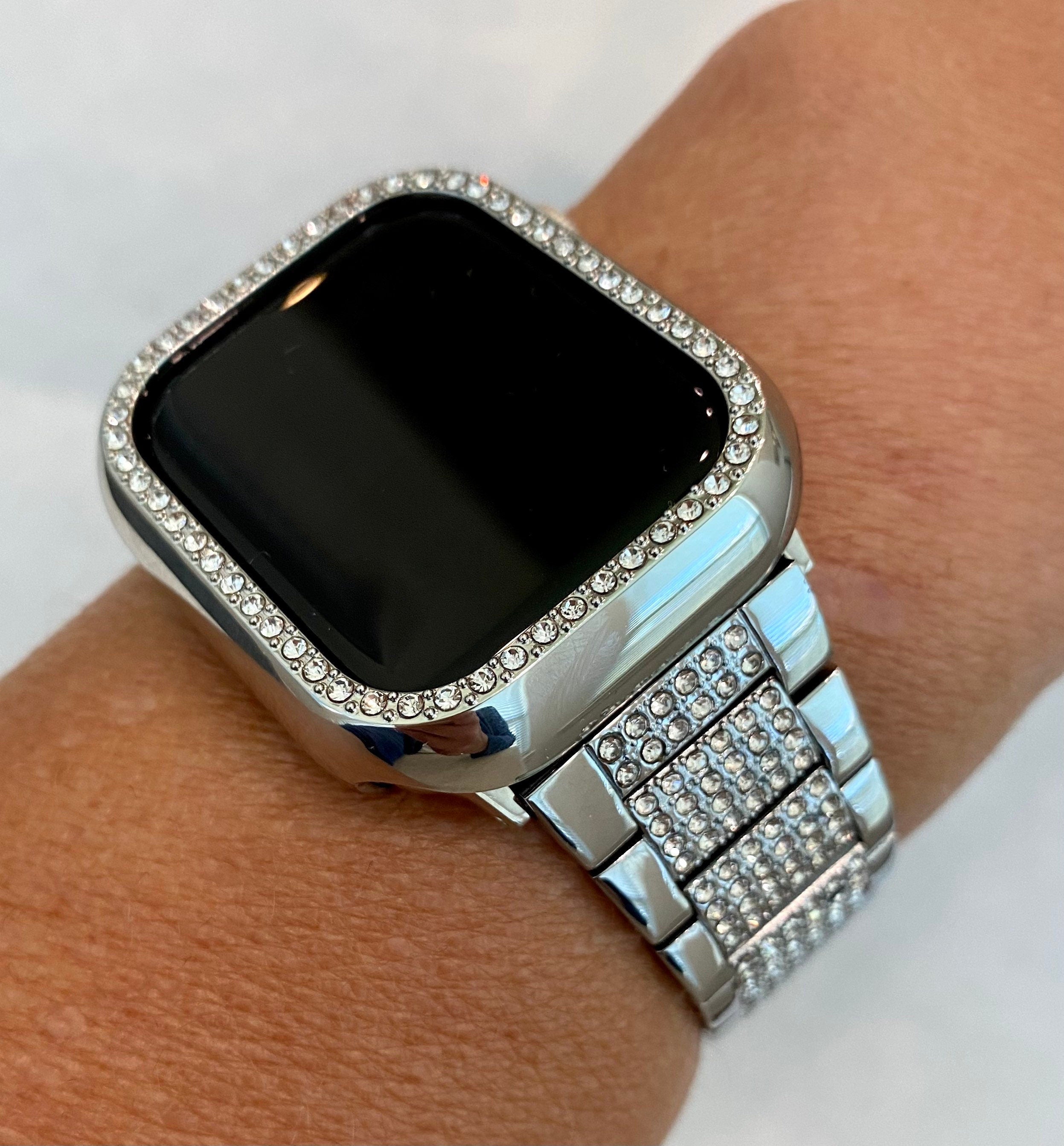 Series 10 Apple Watch Band Swarovski Crystals Silver Stainless Steel & or Apple Watch Case Iphone Protective Cover 41mm 45mm 49mm Ultra