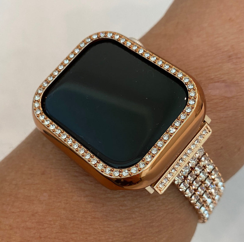 Apple Watch Band Women Rose Gold 41mm 45mm 49mm Ultra Swarovski Crystals & or Apple Watch Case Cover Smartwatch Bumper Bling IwatchCandy